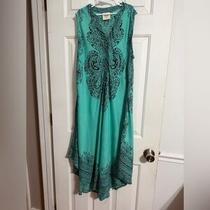 Seven Island Boho Sleeveless Textile Teal and Black Button Down  Dress S